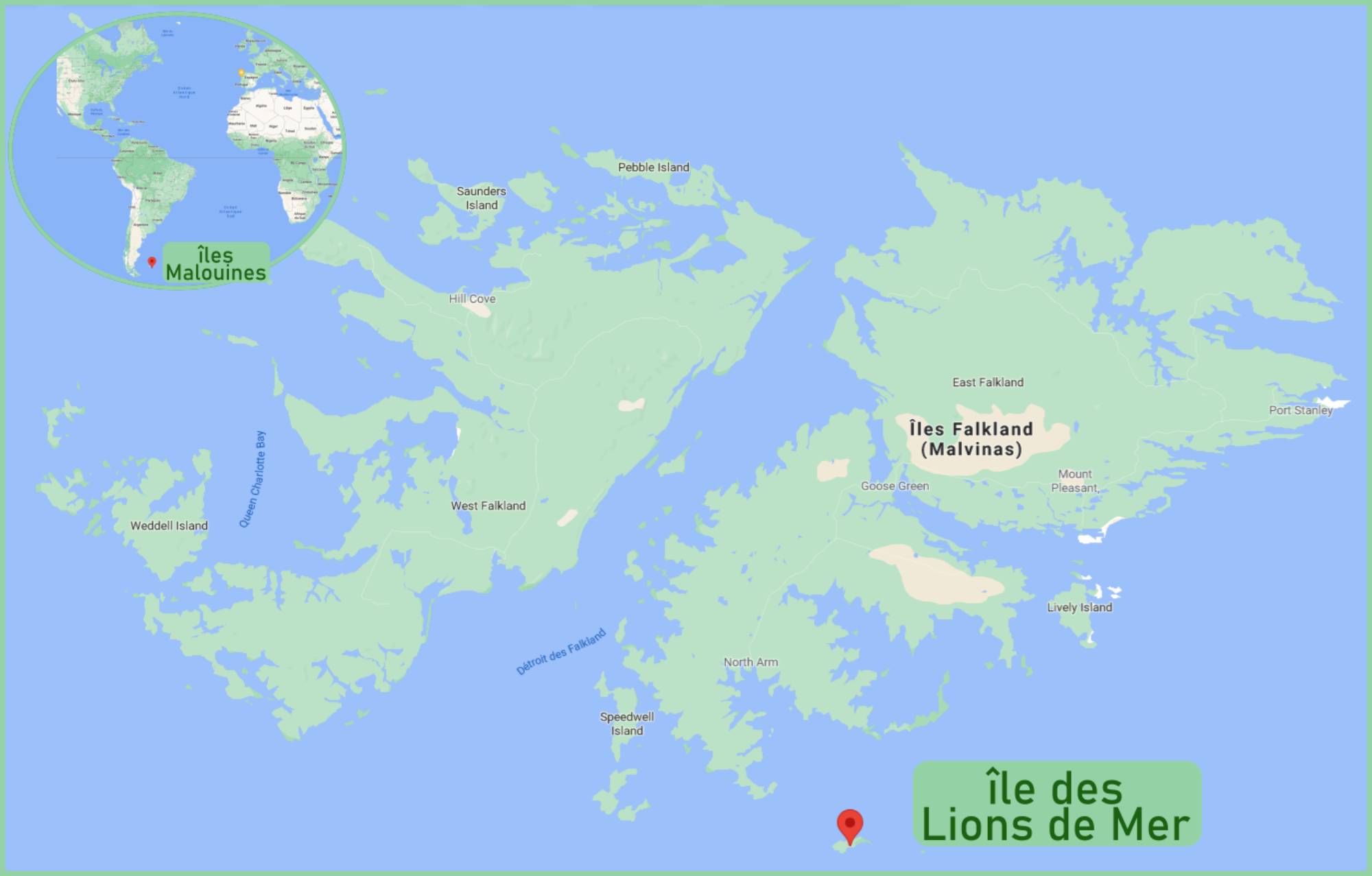 Carte des îles Malouines et île des Lions de Mer